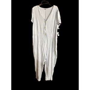 NWT XXL Old Navy Defined Waist V Neck Button Front Blue White Stripe Jumpsuit